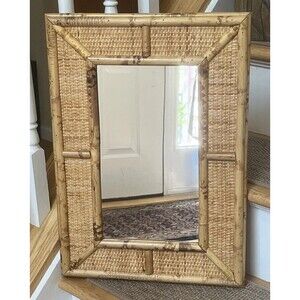Vintage Bamboo Rattan MCM 1970’s Hollywood Regency Style Wall Mirror 20.5” x 14”